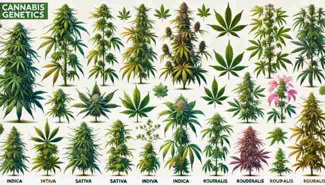 Detailed cannabis strain listing showing genetics, flowering time, yield and THC percentage