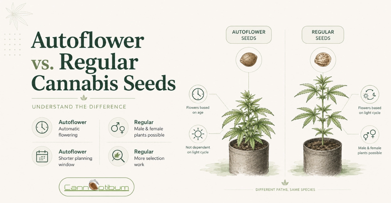 Comparison of regular, feminized, and autoflowering cannabis seeds side by side