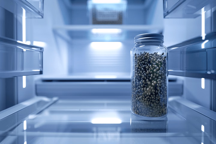 Labeled glass jars with cannabis seeds stored in a refrigerator